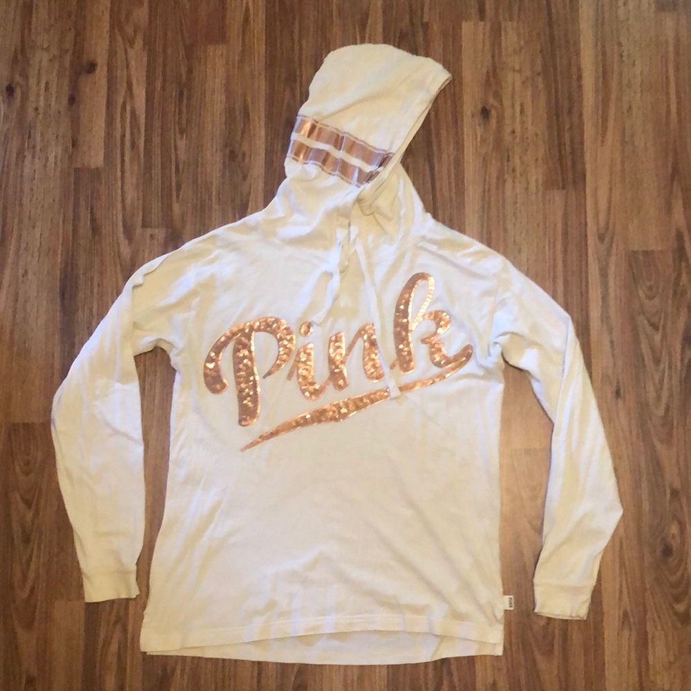 Victoria’s Secret PINK Cream Long Sleeve with Hood and rose gold logo